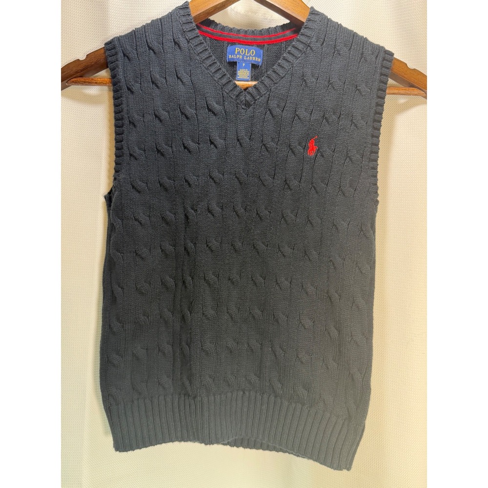 Polo Ralph Lauren Kids Black Cable Knit V-Neck Sweater Vest Size
